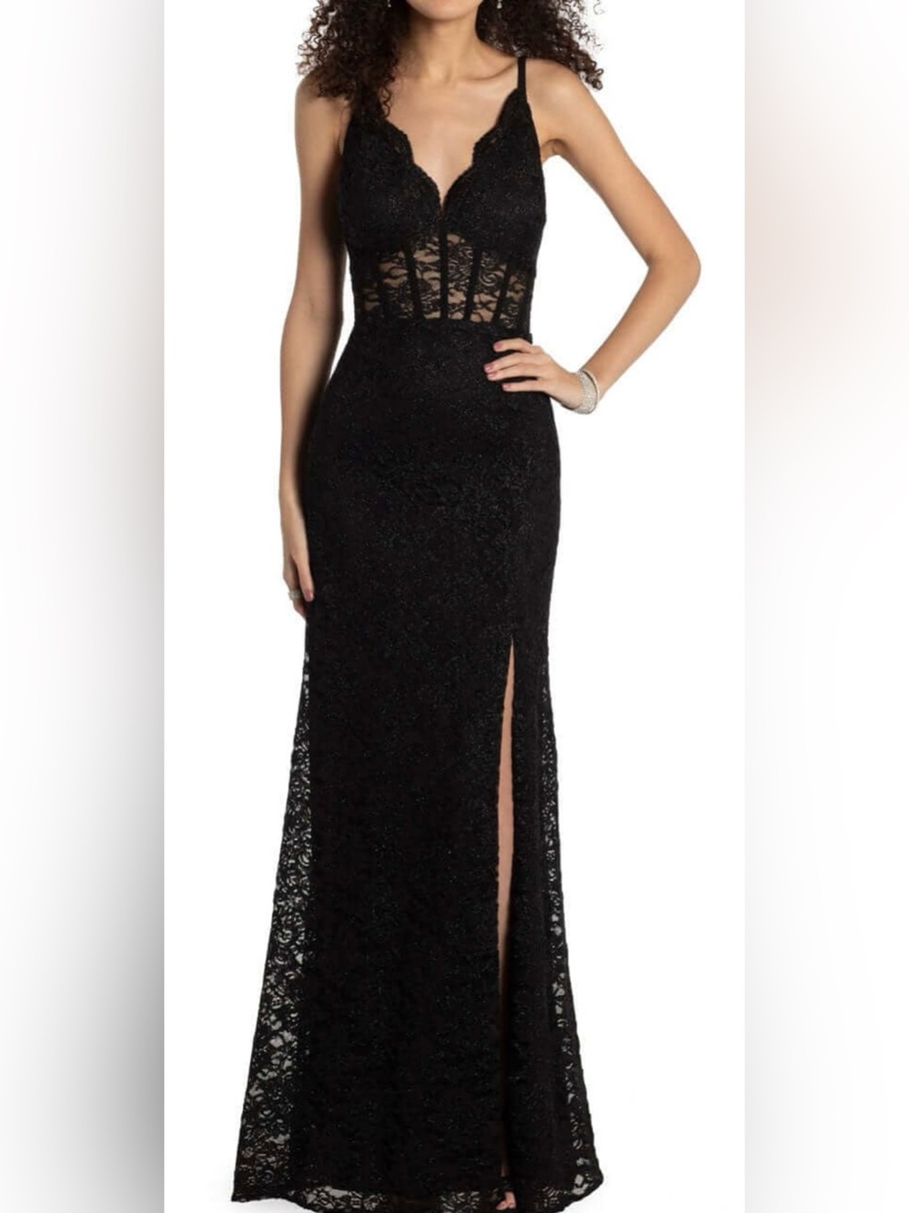 Morgan & Co.glitter lacer V neck corsets column Dress Camille la vie